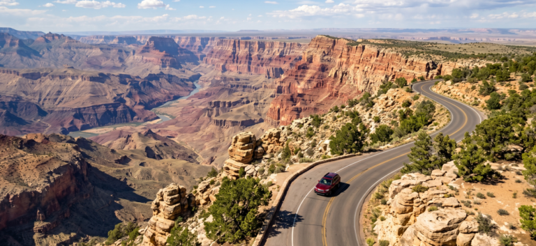 A lone car driving along a winding desert road overlooking the expansive Grand Canyon during a budget road trip.