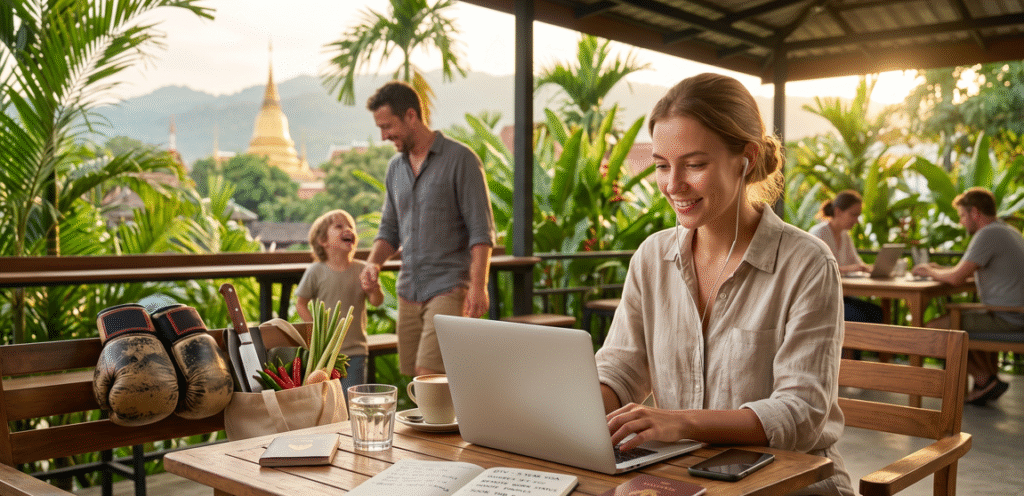 A woman sits on a tropical veranda with a laptop and a passport, with a temple and people in the background, illustrating the diverse opportunities of the Destination Thailand Visa.