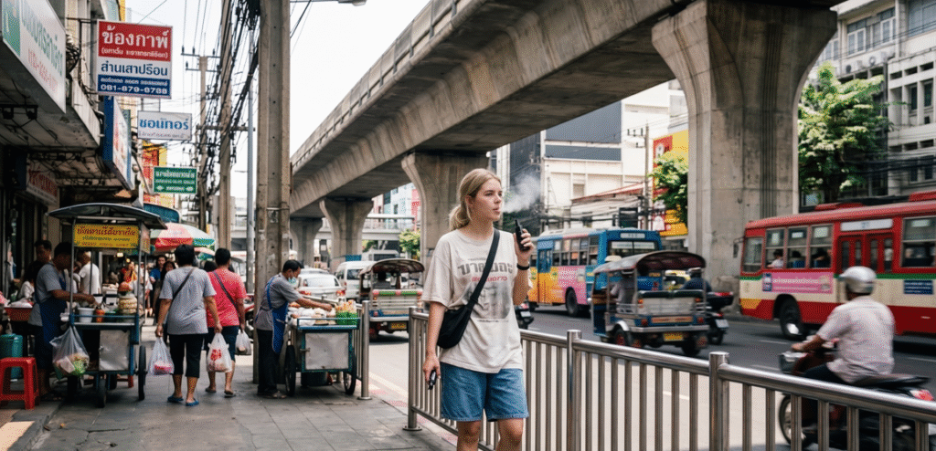 A photograph from a street-level perspective captures a white girl with medium golden hair dressed in a grey top and denim shorts, using a vape device and exhaling smoke onto a busy Bangkok street during the daytime. An elevated concrete flyover bridge looms overhead, with cars and motorbikes passing underneath. The background features typical Bangkok shophouses, street signs with Thai script, electrical wires, and palm trees under a bright sky.