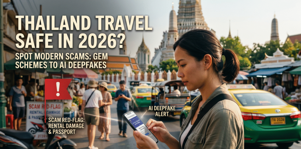 A woman uses a smartphone in a bustling market street in Thailand, with a temple in the background. Text overlays highlight travel safety and modern scams, including deepfakes and rental fraud.