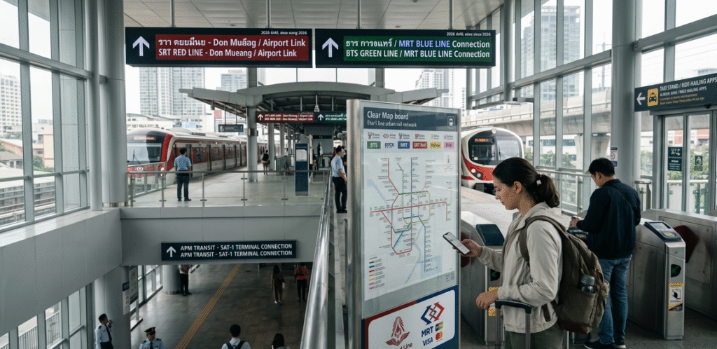 A high-angle, real-looking photo of a modern Bangkok transit hub featuring the SRT Red Line and MRT Blue Line. A female traveler with a suitcase checks a digital rail map near sleek ticket gates, with clear signage for the SAT-1 Terminal APM connection and "Tap-and-Go" EMV payments.