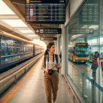 A wide-angle, realistic scene at a modern Thai transport hub. On the left, a blue luxury sleeper train labeled "Blue Jasmine" sits at a platform. In the center, a female traveler walks with a camera. On the right, behind glass, a male traveler at a digital airport kiosk reacts to a 7.1kg baggage weight warning while an official looks on.