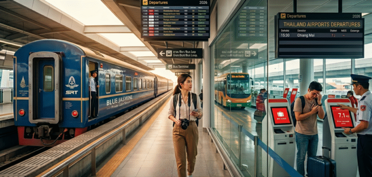 A wide-angle, realistic scene at a modern Thai transport hub. On the left, a blue luxury sleeper train labeled "Blue Jasmine" sits at a platform. In the center, a female traveler walks with a camera. On the right, behind glass, a male traveler at a digital airport kiosk reacts to a 7.1kg baggage weight warning while an official looks on.