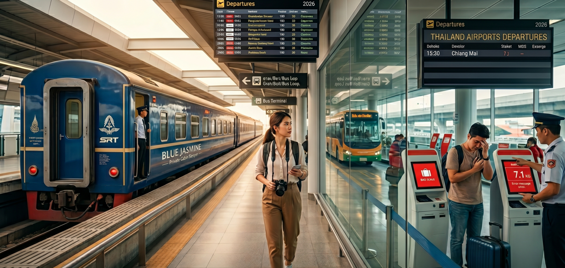 A wide-angle, realistic scene at a modern Thai transport hub. On the left, a blue luxury sleeper train labeled "Blue Jasmine" sits at a platform. In the center, a female traveler walks with a camera. On the right, behind glass, a male traveler at a digital airport kiosk reacts to a 7.1kg baggage weight warning while an official looks on.
