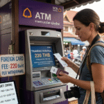 A close-up picture capturing a female traveler at a purple SCB ATM in a Chiang Mai street market. She holds her passport and ATM receipt, looking at the screen which displays "TRANSACTION FEE: 220 THB." A nearby tablet screen lists "DAILY BUDGET (2026)" categories, including "Mid-Range: 2,150–3,600 THB." Blurry market stalls and traditional architecture are visible in the background.
