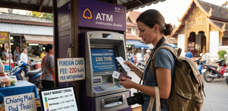 A close-up picture capturing a female traveler at a purple SCB ATM in a Chiang Mai street market. She holds her passport and ATM receipt, looking at the screen which displays "TRANSACTION FEE: 220 THB." A nearby tablet screen lists "DAILY BUDGET (2026)" categories, including "Mid-Range: 2,150–3,600 THB." Blurry market stalls and traditional architecture are visible in the background.