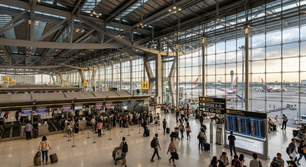 Inside view of Suvarnabhumi Airport (BKK), Thailand, showing the check-in area and departure gates at sunset.