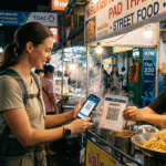A female tourist with a backpack scans a PromptPay QR code on a laminated stand held by a smiling Thai street food vendor to pay for Pad Thai at night in a bustling market. The vendor has a "PAD THAI" sign in English and Thai.