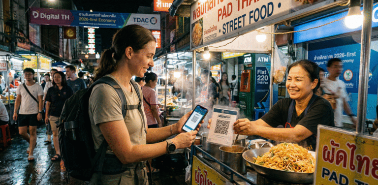 A female tourist with a backpack scans a PromptPay QR code on a laminated stand held by a smiling Thai street food vendor to pay for Pad Thai at night in a bustling market. The vendor has a "PAD THAI" sign in English and Thai.