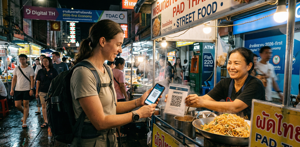 A female tourist with a backpack scans a PromptPay QR code on a laminated stand held by a smiling Thai street food vendor to pay for Pad Thai at night in a bustling market. The vendor has a "PAD THAI" sign in English and Thai.