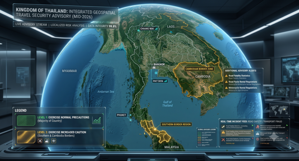 A photo of a screen displaying a digital map of the Kingdom of Thailand. The map has several sections labeled including the "Cambodian Border Zone", "Andaman Sea", and "Gulf of Thailand". The map is a digital display of a 2026 security advisory and has details about the country’s road safety and transport fraud.