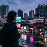 A high-contrast, wide 16:9 cinematic photograph of a traveler with a backpack looking out over a bustling Bangkok intersection at dusk. The scene features wet city streets reflecting neon lights, a BTS Skytrain passing on an elevated track, and heavy traffic with colorful taxis and tuk-tuks.