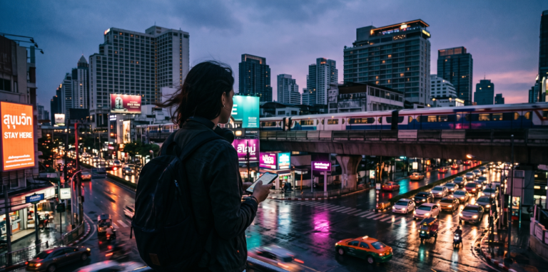 A high-contrast, wide 16:9 cinematic photograph of a traveler with a backpack looking out over a bustling Bangkok intersection at dusk. The scene features wet city streets reflecting neon lights, a BTS Skytrain passing on an elevated track, and heavy traffic with colorful taxis and tuk-tuks.