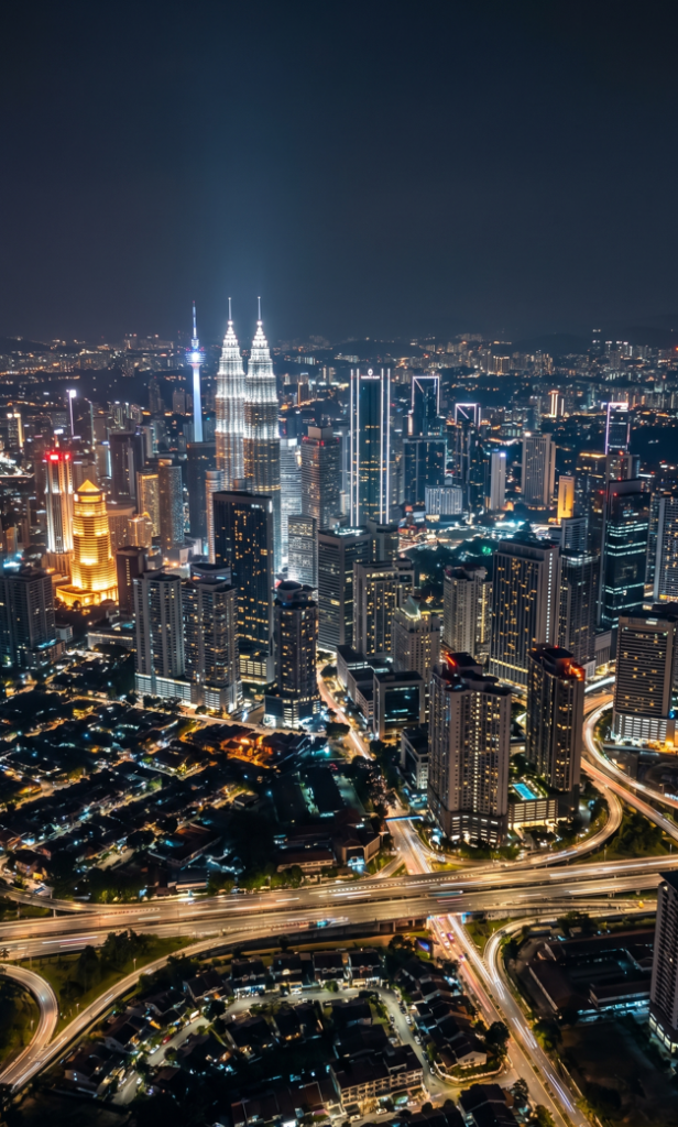 High-definition 8K vertical aerial view of the Kuala Lumpur city skyline at night, featuring the illuminated Petronas Twin Towers and KL Tower rising above a dense network of glowing highways and city lights.