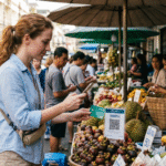 Solo traveler using mobile phone to scan PromptPay QR code at a street market in Thailand while paying for a fruit vendor