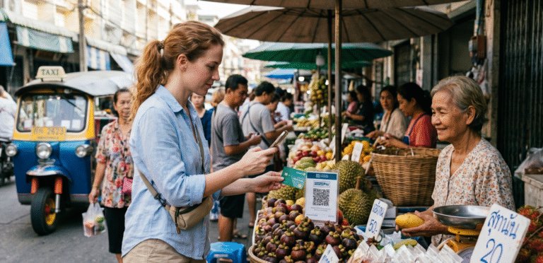 Solo traveler using mobile phone to scan PromptPay QR code at a street market in Thailand while paying for a fruit vendor
