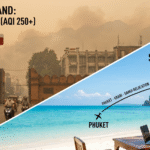 Split image showing Northern Thailand during burning season with heavy smog and masked riders contrasted with clean-air southern islands like Phuket where a traveler works by the beach