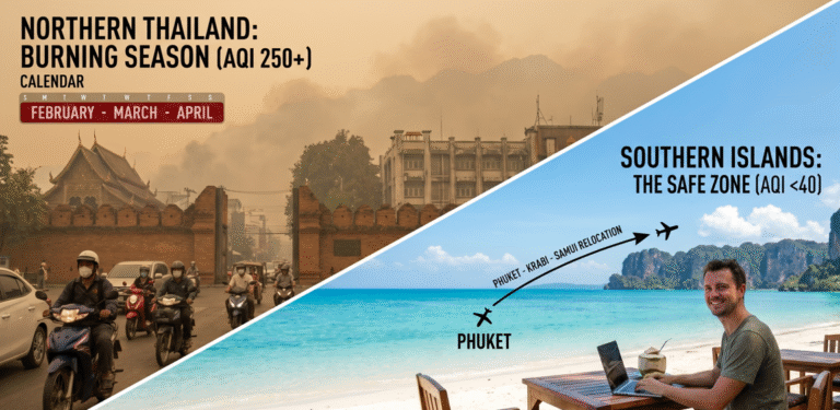 Split image showing Northern Thailand during burning season with heavy smog and masked riders contrasted with clean-air southern islands like Phuket where a traveler works by the beach