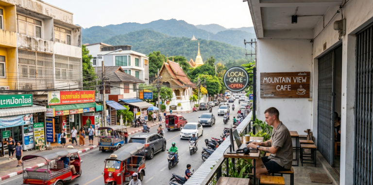 A digital nomad working on a laptop from a balcony cafe overlooking a busy chiang mai street with Tuk-tuks, Thai temples, and mountains in the background, illustrating the 2026 Thailand Digital Nomad Lifestyle.