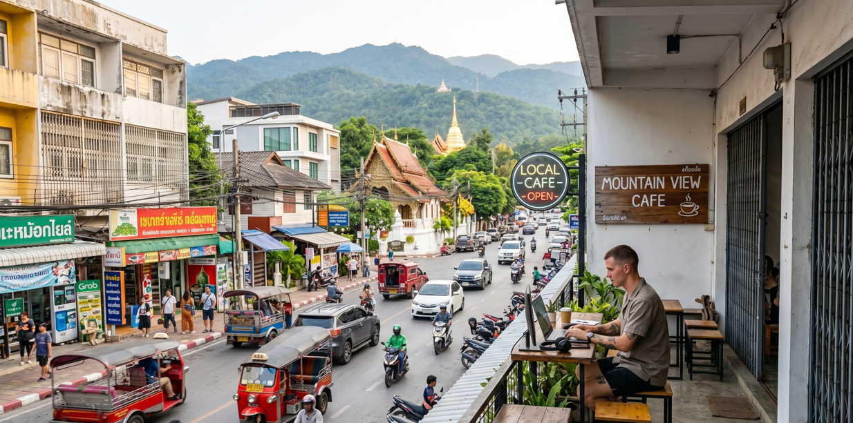 A digital nomad working on a laptop from a balcony cafe overlooking a busy chiang mai street with Tuk-tuks, Thai temples, and mountains in the background, illustrating the 2026 Thailand Digital Nomad Lifestyle.