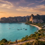 Cinematic wide-angle view of a yellow Thai ATM on a coastal overlook in Krabi, Thailand, illustrating how to save on withdrawal fees while travelling.