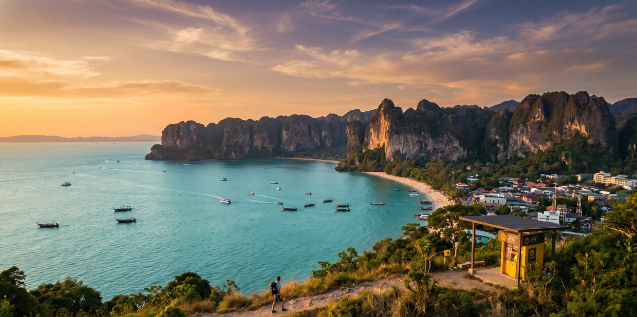 Cinematic wide-angle view of a yellow Thai ATM on a coastal overlook in Krabi, Thailand, illustrating how to save on withdrawal fees while travelling.