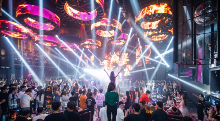 Crowded luxury nightclub in Bangkok with LED lights, EDM music, dancers, laser show, and vibrant nightlife atmosphere in Thailand