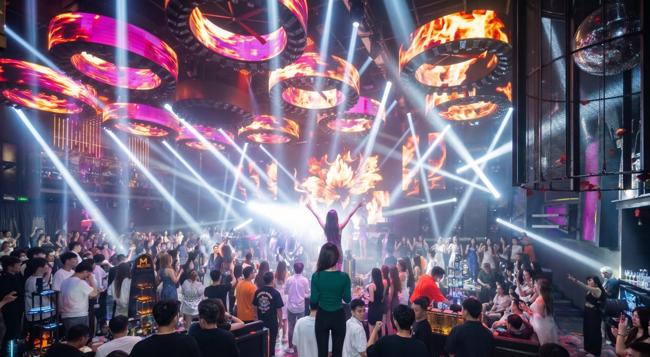 Crowded luxury nightclub in Bangkok with LED lights, EDM music, dancers, laser show, and vibrant nightlife atmosphere in Thailand