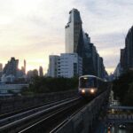 BTS Skytrain on elevated tracks with Bangkok skyline at dusk, featured in transport guide
