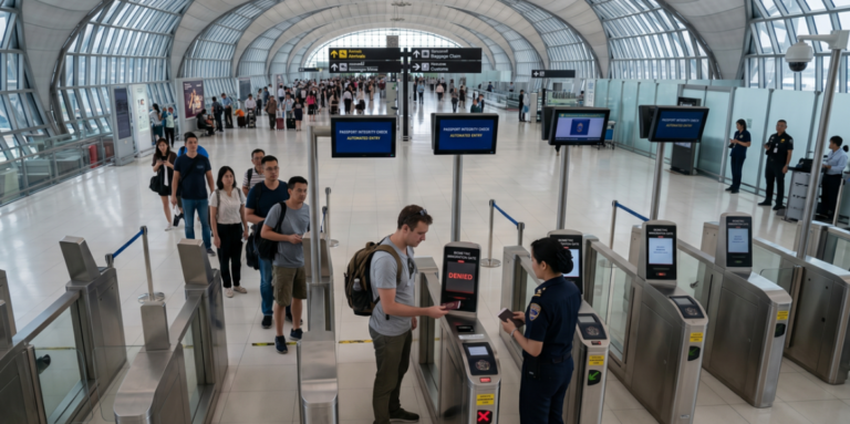 An elevated wide-angle photo of numerous stainless steel automated immigration gates at an airport with a curved glass and metal structure. A small line of people waits, and two travelers are interacting with a staff member at one of the gates. Several screens display messages, including one that reads 'DENIED'. The text 'AIRPORT PASSPORT GATES' is visible at the top. The background is bustling with distant travelers.