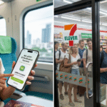 A dual-panel image contrasting the digital and physical experience. On the left, a smiling traveler holds a phone with an 'eSIM Activated' screen and passport on a train. On the right a long line of tourists with passports wait in a 7-Eleven, with a counter sign reading 'Passport Scan Mandatory'.