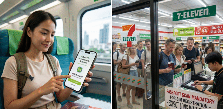 A dual-panel image contrasting the digital and physical experience. On the left, a smiling traveler holds a phone with an 'eSIM Activated' screen and passport on a train. On the right a long line of tourists with passports wait in a 7-Eleven, with a counter sign reading 'Passport Scan Mandatory'.