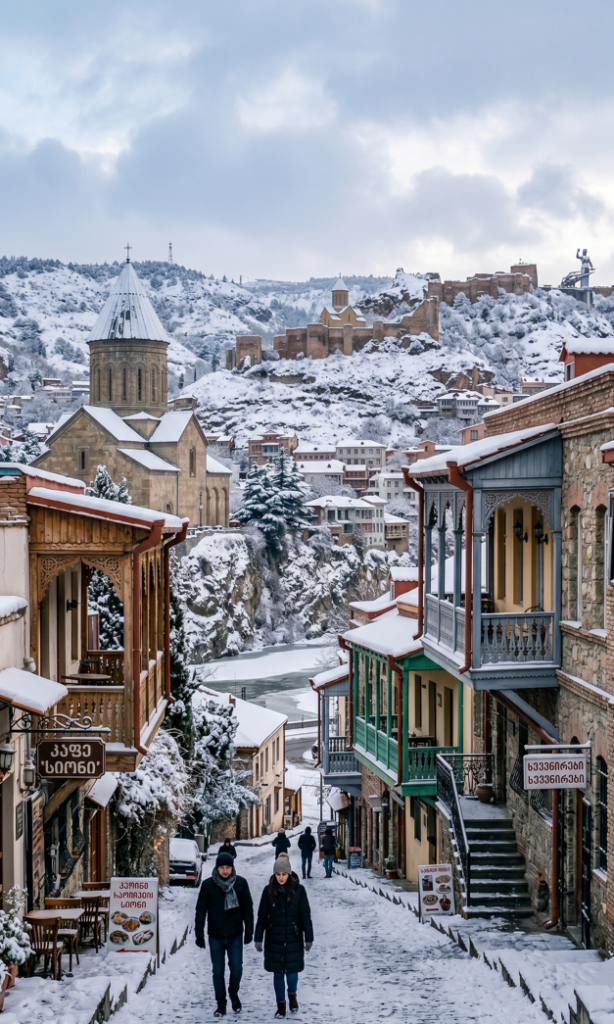 A vertical photograph of a snow-covered cobbled street in Old Tbilisi, Georgia. In the foreground, a couple in heavy coats walking, surrounded by traditional wooden balconies. Beyond them, a large stone church with a conical dome and, further back on the hills, a large fortress are visible, all blanketed in snow under a grey, overcast sky. Georgian script is on various signs.
