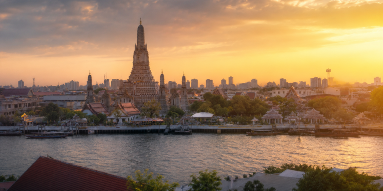 Wide angle sunset view of Wat Arun and the Phra Nakhon district in Bangkok Thailand with the Chao Phraya River and Bangkok skyline in cinematic golden light