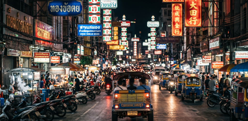 Rear view of a Tuk-tuk driving down a crowded Bangkok street at night illuminated by dense neon signs and street food stalls.