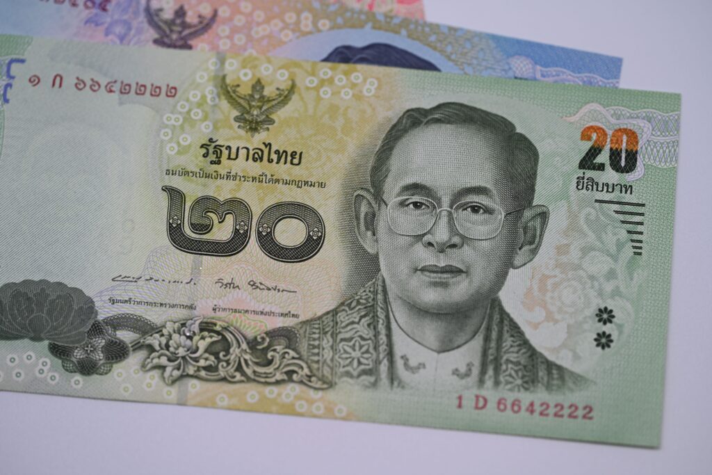 Detailed image of a 20 Thai Baht banknote highlighting traditional Thai design and currency features.jpg. The green banknote features a prominent portrait of King Bhumibol Adulyadej (Rama IX) on the right side, wearing glasses and royal attire. The Thai numeral for 20 is displayed boldly in the center-left, with the Arabic numeral 20 in the top right corner. Intricate traditional Thai geometric patterns, security text, signatures, and a serial number are visible across the note.