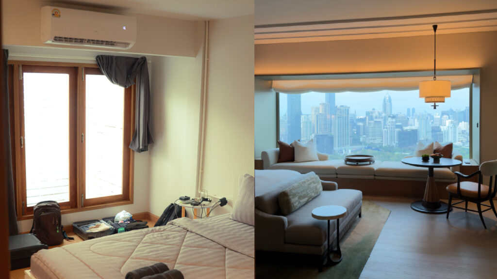A side-by-side split image comparing two accommodation options in Bangkok titled Hotel Comparison.jpg. On the left is a cozy and modern bedroom interior in Bangkok with natural light and minimalistic decor, featuring a simple bed with a beige comforter, an open suitcase on the floor by wood-framed windows, and an air conditioning unit above. On the right, in comparison, is a modern luxury hotel room interior with a panoramic view of the Bangkok city skyline visible through a massive window wall, featuring an elegant seating area, a plush daybed by the glass, soft warm lighting, and a round dining table with a chair.